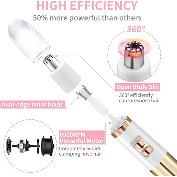 Nasenhaartrimmer Frauen, Damen Schmerzloser Ohr- und Nasenhaartrimmer für Frauen, Augenbrauen Gesicht Ohr Haarschneider Nasenhaarschneider Professionell Wasserdicht, Rose Gold