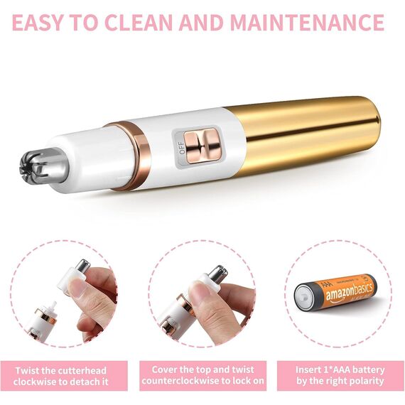 Nasenhaartrimmer Frauen, Damen Schmerzloser Ohr- und Nasenhaartrimmer für Frauen, Augenbrauen Gesicht Ohr Haarschneider Nasenhaarschneider Professionell Wasserdicht, Rose Gold