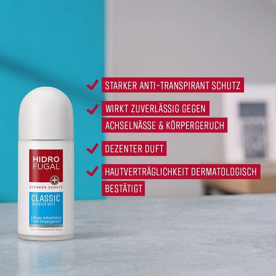 Hidrofugal Classic Roll-on (50 ml), starker Anti-Transpirant Schutz mit dezentem Duft, Deo für zuverlässigen Schutz ohne Ethylalkohol (Packung mit 5)