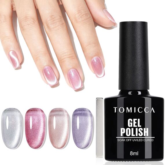 TOMICCA Cat Eyes UV Nagellack Set, 4 Farben Glitzer Rosa Gel Nagellack, UV LED Gel Nägel Polish Set für Anfänger Nagelstudio DIY Home, 8ML