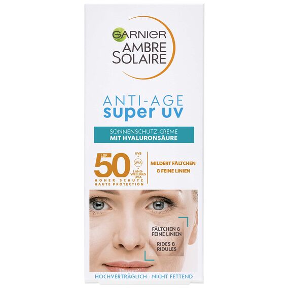 Garnier Anti-Aging Sonnencreme mit LSF 50, Sonnenschutz mit Hyaluron und Vitamin B gegen Falten und Trockenheit, Ambre Solaire, 1 x 50 ml (Packung mit 2)