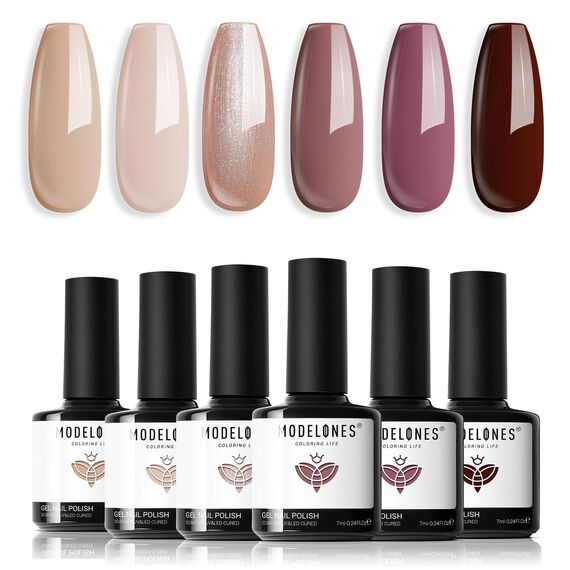modelones UV Nagellack Braun, Gel Nagellack Shellac Set 6 Farben Nude Glitzer Neutral, Winter Gellack Soak Off Natur Gel Polish Nageldesigns,UV-LED UV Gel Lack,Shellac Nagellack Set für Anfänger DIY