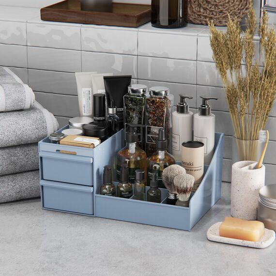 DancesCat Make Up Kosmetik Organizer mit Schubladen, Makeup Organizer Aufbewahrung Kosmetikbox für Waschtische, Schminktisch Organizer Box für Schlafzimmer, Badezimmer, Große Schmink Organizer (Blau)