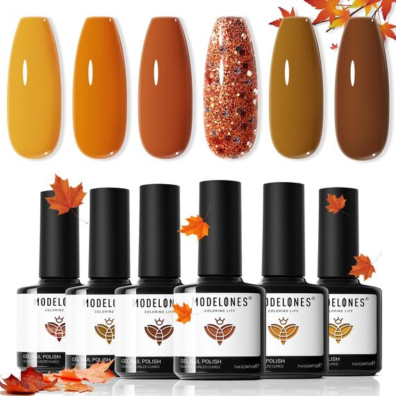 Modelones UV Nagellack 6 Farben Gelb Orange Braun Glitzer Gel Nagellack UV Nageldesign Sets Soak Off Gel Polish für Maniküre Nageldesign Herbst