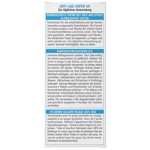 Garnier Anti-Aging Sonnencreme mit LSF 50, Sonnenschutz mit Hyaluron und Vitamin B gegen Falten und Trockenheit, Ambre Solaire, 1 x 50 ml (Packung mit 3)