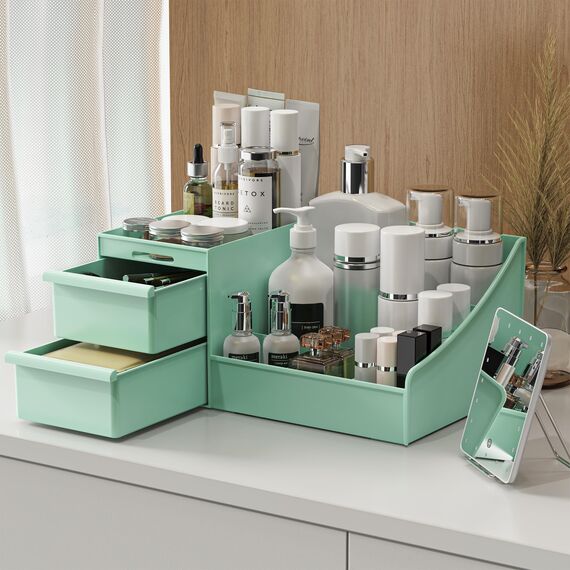 DancesCat Make Up Kosmetik Organizer mit Schubladen, Makeup Organizer Aufbewahrung Kosmetikbox für Waschtische, Schminktisch Organizer Box für Schlafzimmer, Badezimmer, Große Schmink Organizer (Grün)
