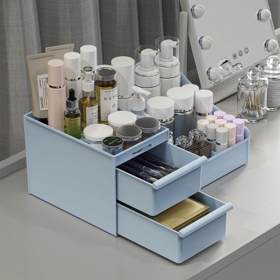 DancesCat Make Up Kosmetik Organizer mit Schubladen, Makeup Organizer Aufbewahrung Kosmetikbox für Waschtische, Schminktisch Organizer Box für Schlafzimmer, Badezimmer, Große Schmink Organizer (Blau)