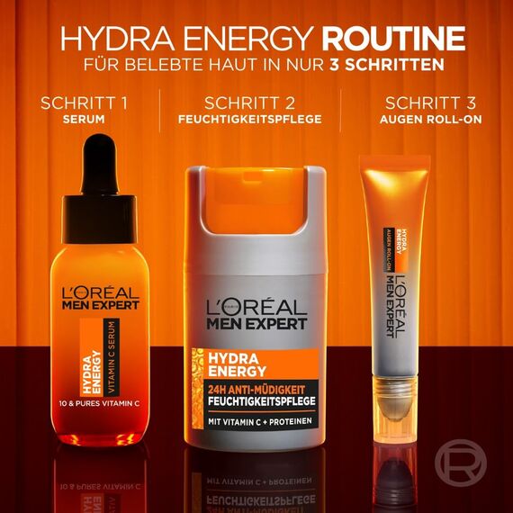 L'Oréal Men Expert Pflegeset gegen müde Haut für Männer, Geschenkset mit Serum und Gesichtscreme 24H Anti-Müdigkeit, Geschenke für Herren mit Vitamin C, Hydra Energy, 1 x 30 ml, 1 x 50 ml