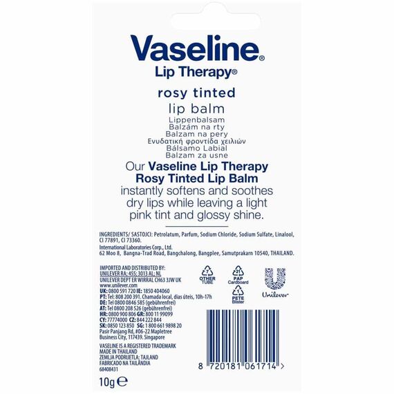 Vaseline Lippenbalsam Rosy Tinted schützt die Lippen vor dem Austrocknen hergestellt mit 100% reiner Vaseline 10 g (Packung mit 3)