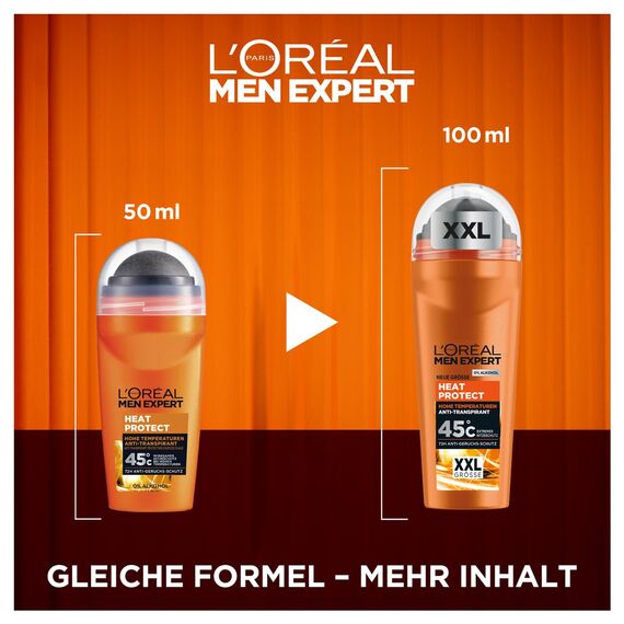 L'Oréal Men Expert XXL Deoroller für Männer, Deo Roll-On gegen Schweißgeruch, Schwitzen und Achselnässe, Herren Deodorant für hohe Temperaturen bis zu 45°C ohne Alkohol, Heat Protect, 1 x 100 ml