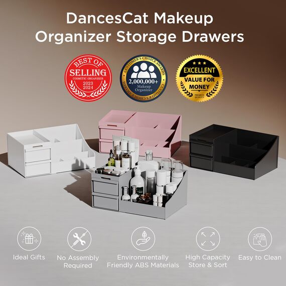 DancesCat Make Up Kosmetik Organizer mit Schubladen, Makeup Organizer Aufbewahrung Kosmetikbox für Waschtische, Schminktisch Organizer Box für Schlafzimmer, Badezimmer, Große Schmink Organizer (Grau)
