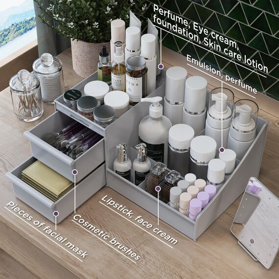 DancesCat Make Up Kosmetik Organizer mit Schubladen, Makeup Organizer Aufbewahrung Kosmetikbox für Waschtische, Schminktisch Organizer Box für Schlafzimmer, Badezimmer, Große Schmink Organizer (Grau)