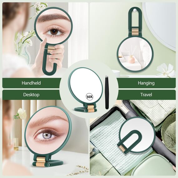 MIYADIVA Handlicher Vergrößerungsspiegel, doppelseitiger Vergrößerungsspiegel mit 30-facher/1-facher Vergrößerung, Verstellbarer Griff und Pinzette, tragbarer Mehrzweck-Makeup-Spiegel smaragdgrün