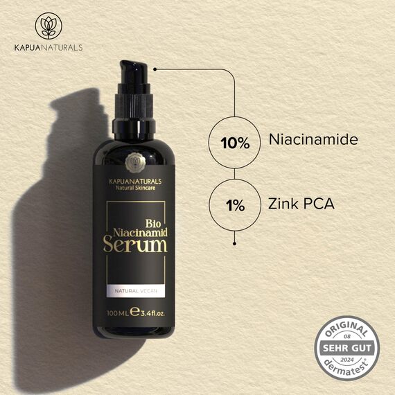 BIO Niacinamide Serum hochdosiert 100ml • 10% Niacinamide + 1% Zink • Verkleinert Poren ✓ verringert Flecken ✓ ebenes Hautbild ✓ gegen Pickel, Entzündungen & Rötungen ✓ Naturkosmetik Made in Germany