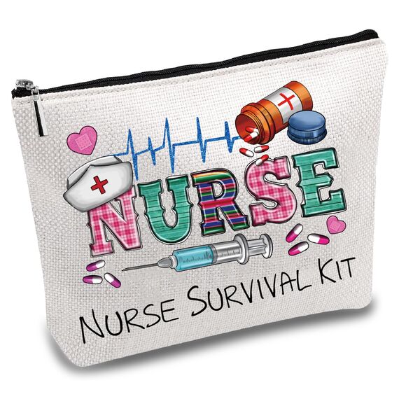 CREATCABIN Krankenschwester-Schminktasche-Überlebenskit-Tasche-Geschenk Für Frauen,Canvas-Kosmetiktasche,Mehrzweck-Stifteetui,Reißverschlusstaschen,Kulturbeutel,Reisetasche,Geldbörse Studentin,25x18cm