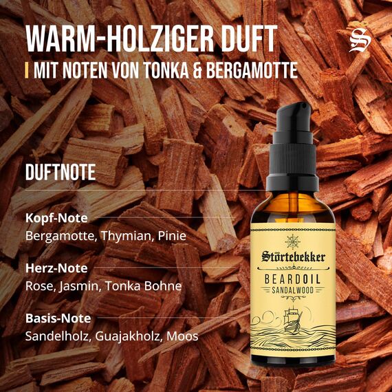 Störtebekker® Premium Bartöl Sandelholz - tägliche Bartpflege für 3-Tage-Bart bis Vollbart - 50ml Beard Oil Vegan - Bart Öl Herren mit angenehmen Duft - Hochwertige Inhaltsstoffe - Made in Germany