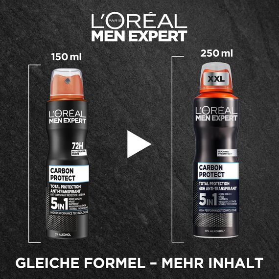 L'Oréal Men Expert XXL 5in1 Deospray für Männer, Bodyspray gegen starken Schweißgeruch, Schwitzen, Achselnässe und weiße Rückstände, Herren Deo Antitranspirant ohne Alkohol, Carbon Protect, 1 x 250 ml
