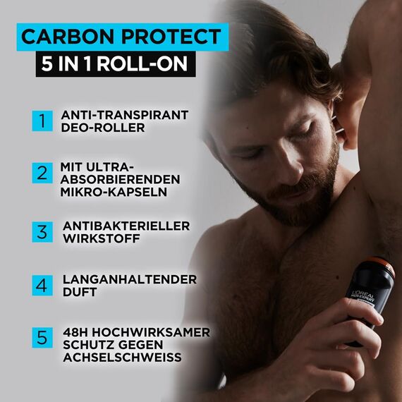 L'Oréal Men Expert XXL 5in1 Deoroller für Männer, Deo Roll-On gegen starken Schweißgeruch, Schwitzen, Achselnässe und weiße Rückstände, Herren 48H Deodorant ohne Alkohol, Carbon Protect, 1 x 100 ml