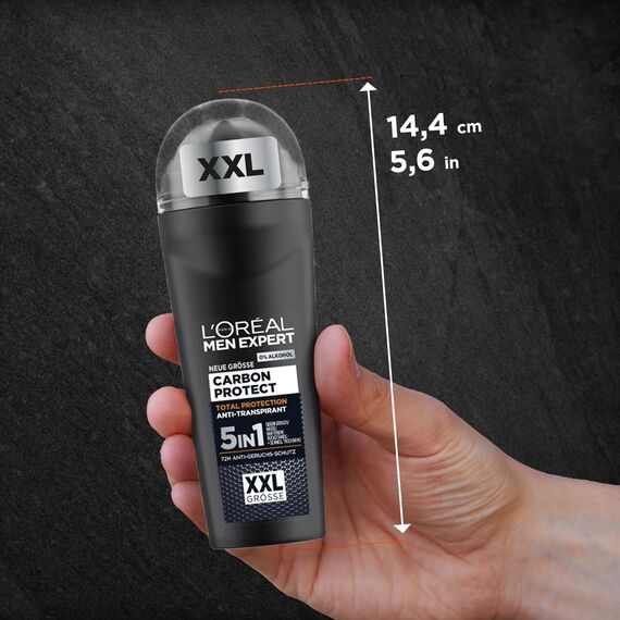 L'Oréal Men Expert XXL 5in1 Deoroller für Männer, Deo Roll-On gegen starken Schweißgeruch, Schwitzen, Achselnässe und weiße Rückstände, Herren 48H Deodorant ohne Alkohol, Carbon Protect, 1 x 100 ml