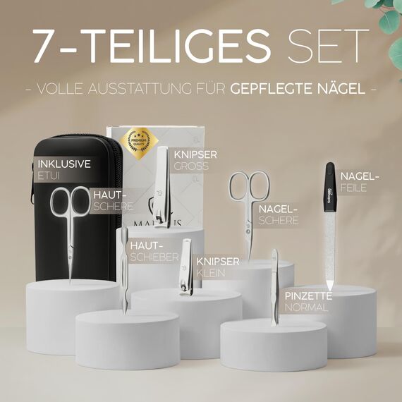 Maniküre Set - Vergleichssieger - Etui handlich und weich - 7teiliges Nagelset für Damen und Herren marQus aus Edelstahl