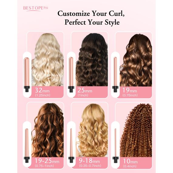 BESTOPE PRO 6-in-1 Lockenstab Große Locken und Kleine, Lockenstäbe, Lockenstab Mit Verschiedenen Aufsätzen, Handschuhen Temperatur Einstellbar, Goldrosa