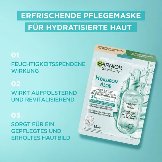 Garnier Serum-Tuchmaskenset Aloe Vera für alle Hauttypen, Erfrischend und feuchtigkeitsspendend, Mit Hyaluronsäure, Aloe Vera und Glycerin, SkinActive, Aloe Hydra Booster Serum-Tuchmaske, 5x 28g