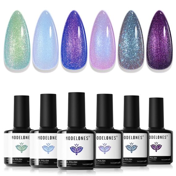 Modelones UV Nagellack,Gel Nagellack UV 6 Chamäleon Farben,Glitzer Grün Blau Lila Soak Off Nail Polish French Manicure DIY zu Hause Geschenke