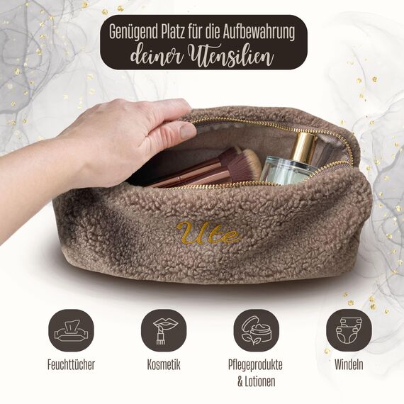 Teddy Kosmetiktasche mit Initialen Bestickt - Personalisierte Plüsch Schminktasche ideal als Organizer für die Handtasche (Braun)