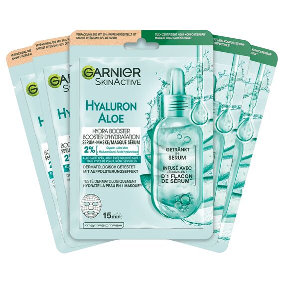 Garnier Serum-Tuchmaskenset Aloe Vera für alle Hauttypen, Erfrischend und feuchtigkeitsspendend, Mit Hyaluronsäure, Aloe Vera und Glycerin, SkinActive, Aloe Hydra Booster Serum-Tuchmaske, 5x 28g