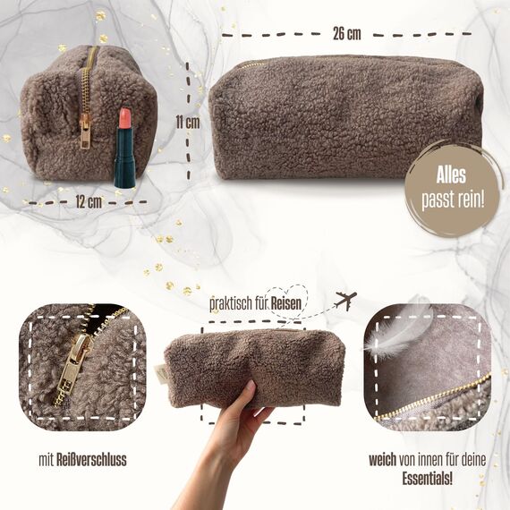 Teddy Kosmetiktasche mit Initialen Bestickt - Personalisierte Plüsch Schminktasche ideal als Organizer für die Handtasche (Braun)