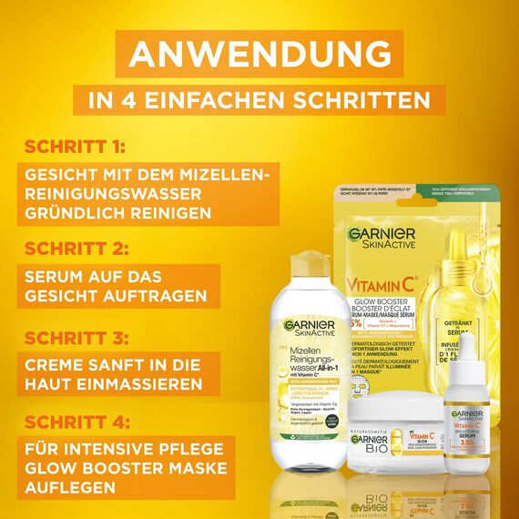 Garnier Vitamin C Pflegeset für das Gesicht, Geschenkset mit Mizellen Reinigungswasser, Tuchmasken, Anti-Dark Spot Serum & Feuchtigkeitspflege, Für einen strahlenden Teint, SkinActive, 4-teilig