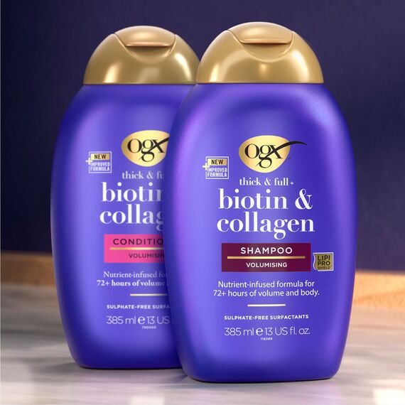 OGX Biotin & Collagen Conditioner (385 ml), reichhaltige Haarspülung für 72h+ Volumen & Fülle mit Biotin & Kollagen, Haarpflege Volumen Spülung für feines & dünnes Haar mit LipiPro Shield Technologie