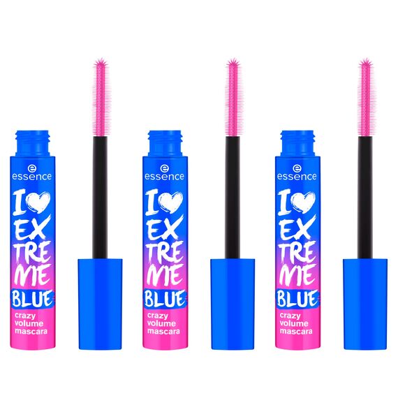 essence I LOVE EXTREME BLUE crazy volume mascara, Blau, langanhaltend, schwunggebend, Extremes Volumen, vegan, ohne Mikroplastikpartikel, Nanopartikel frei, ohne Parfüm, 3er Pack (3x12ml)