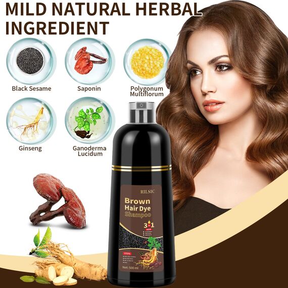 GFEUGS Haarfarbe Braun Haarfärbeshampoo, 500ML Hair Dye Shampoo 3in1 Gegen Graue Haare, Hair Color Shampoo Sofort Haarfarbe Shampoo Tönungsshampoo, Farbshampoo Haartönung für Männer Frauen (Braun)