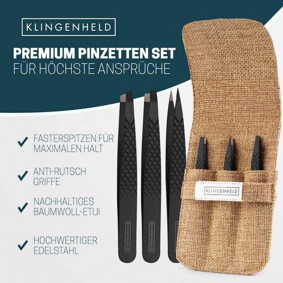 KLINGENHELD® Profi Pinzetten-Set mit ComfortGrip-Spitzen & Anti-Rutsch Griff - Maximaler Halt & höchste Präzision - inkl. Baumwoll-Etui 100% plastikfrei & nachhaltig - Pinzette Augenbrauen zupfen