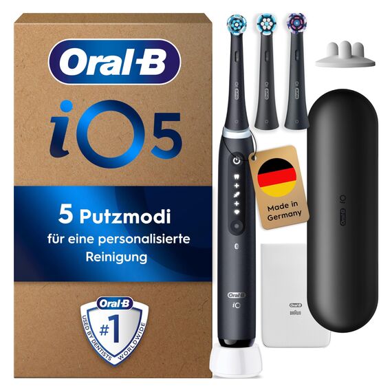 Oral-B iO Series 5 Plus Edition Elektrische Zahnbürste/Electric Toothbrush, PLUS 3 Aufsteckbürsten, 5 Putzmodi für Zahnpflege, Reiseetui, Designed by Braun, matt black