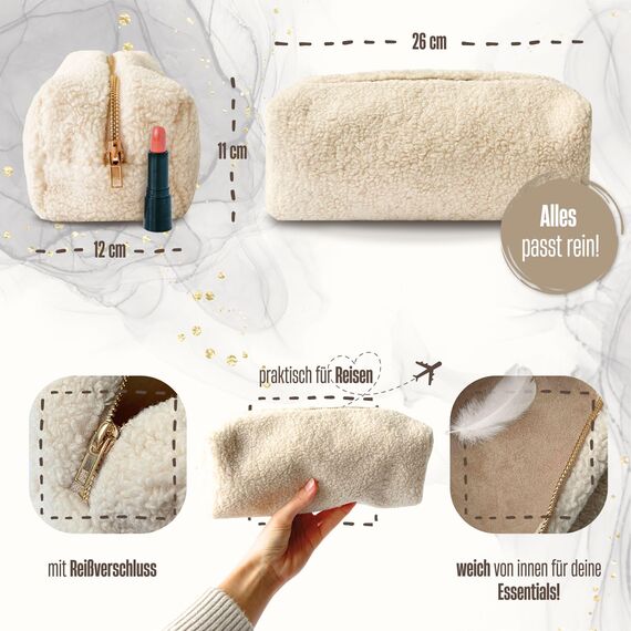 Teddy Kosmetiktasche mit Initialen Bestickt - Personalisierte Plüsch Schminktasche ideal als Organizer für die Handtasche (Beige)