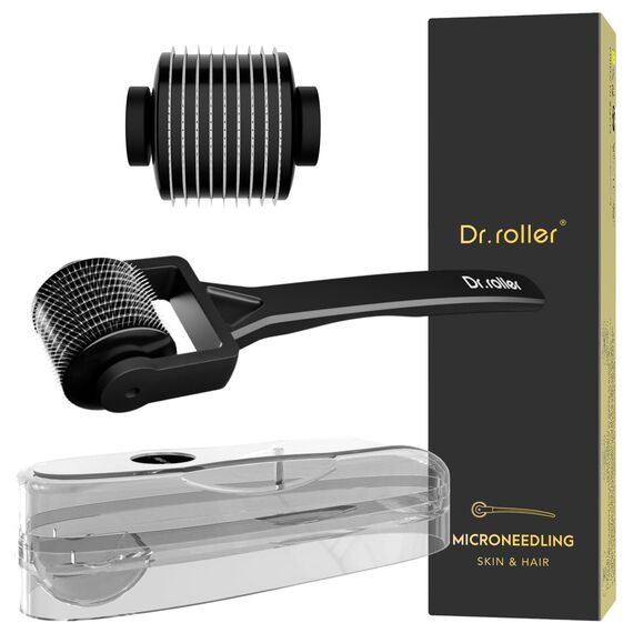 Dr.roller Derma Roller 1mm, Bartroller Bartwuchs, Microneedling Derma Roller für Haare Gesicht, Bart Roller mit 540 Titan Needling für Haar Kopfhaut Körper (Mattschwarz Gerader Griff)