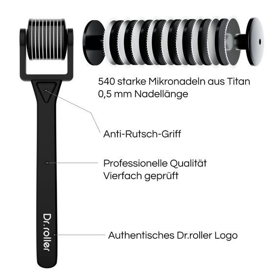 Dr.roller Derma Roller 0,5mm, Bartroller Bartwuchs, Microneedling Derma Roller für Haare Gesicht, Bart Roller mit 540 Titan Needling für Haar Kopfhaut Körper (Mattschwarz Gerader Griff)