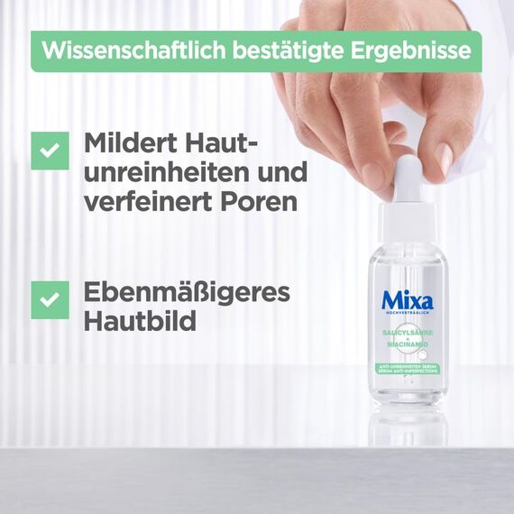Mixa Anti-Unreinheiten Serum, Für zu Akne neigende und sensible Haut, Mit Salicylsäure, Squalan und Niacinamid, Geeignet für Gesicht & Hals, Hypoallergen, 30 ml