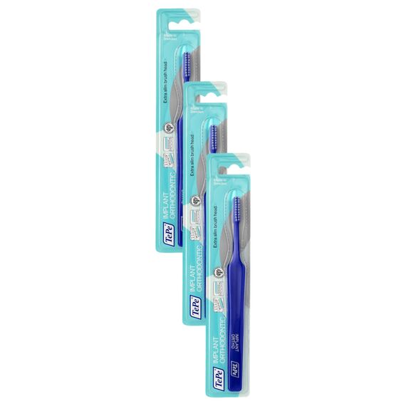 TEPE Spezial-Zahnbürste Implantat Orthodontic mit extra schmalem Bürstenkopf - für Zahnspangen & zur Implantat Reinigung hergestellt / 1 x 1 Stück, Farblich sortiert, 1stk (Packung mit 3)