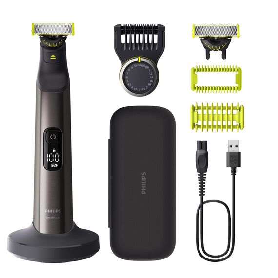PHILIPS OneBlade Pro 360 Face & Body - elektrischer Rasierer, Trimmer & Bodygroomer, 2x 360 Klingen, Präzisionskamm, 2x Körperaufsätze, Reisetasche, Ladestation, für Gesicht & Körper (QP6652/30)