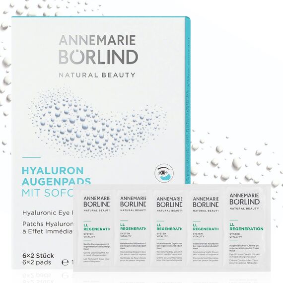 ANNEMARIE BÖRLIND Hyaluron Augenpads (6 x 2 Stk.) + LL REGENERATION Probe Sachets (die gesamte Pflegeroutine) – Intensive Feuchtigkeit, Sofort-Effekt gegen Augenringe und Schwellungen