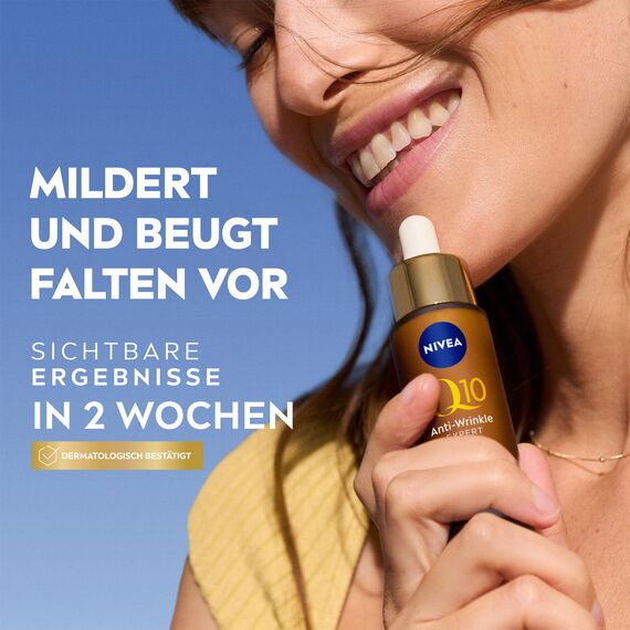 NIVEA Anti-Age Serum, Anti-Falten Serum mit Q10 mildert Falten und beugt ihrer Neuentstehung vor, straffendes Gesichtsserum mit Glycostop, Q10 Anti-Falten Experte Dual Action Serum (30 ml)