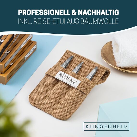 KLINGENHELD® Profi Pinzetten-Set mit ComfortGrip-Spitzen & Anti-Rutsch Griff - Maximaler Halt & höchste Präzision - inkl. Baumwoll-Etui 100% plastikfrei & nachhaltig - Pinzette Augenbrauen zupfen