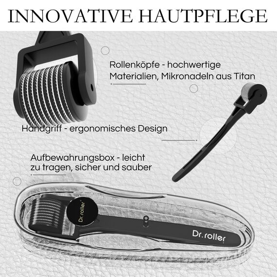 Dr.roller Derma Roller 1mm, Bartroller Bartwuchs, Microneedling Derma Roller für Haare Gesicht, Bart Roller mit 540 Titan Needling für Haar Kopfhaut Körper (Mattschwarz Gerader Griff)