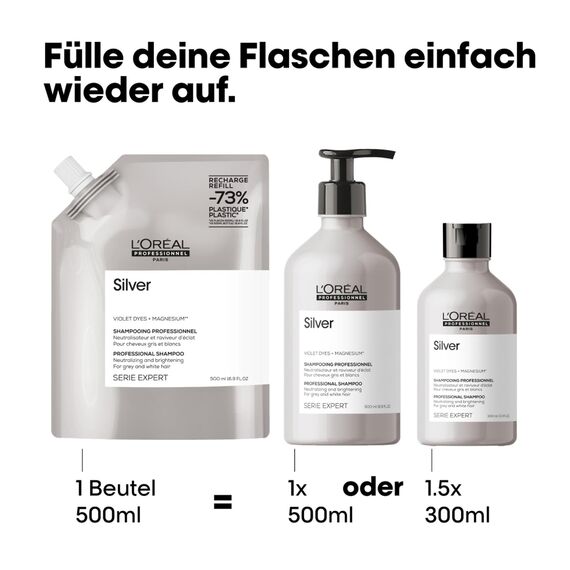L'Oréal Professionnel Anti-Gelbstich Haarshampoo für weißes, graues & blondiertes Haar, Violett-Pigmente, Serie Expert, Silver Shampoo zum Nachfüllen, Refill, 500 ml