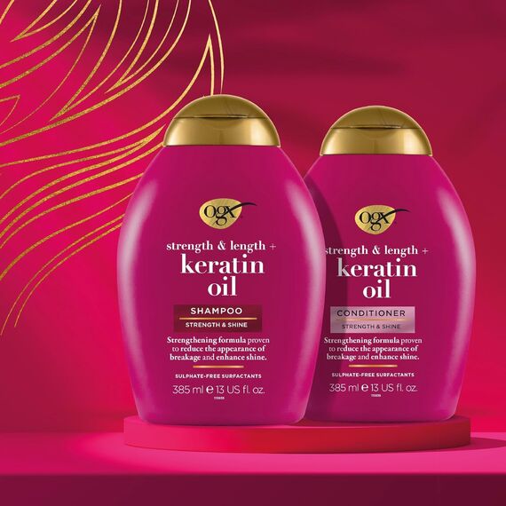 OGX Keratin Oil Shampoo kräftigendes Anti Haarbruch Shampoo mit Keratin Öl für strapaziertes Haar bei Haarbruch und Spliss, 385ml