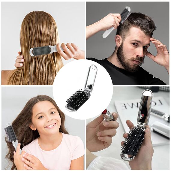 YPYMOD Faltbare Reise-Haarbürste, Reise Haarbürste mit Spiegel Faltbare, Tragbare Silber Haar-Styling Kamm, für Männer, Mädchen, Frauen