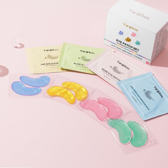 Yargkos 32 Paare Augenpflaster, feuchtigkeitsspendende Augenmasken für dunkle Augenringe, Anti-Falten-Kollagen-Unteraugen-Pads, 32 Sets Reisepflege-Gesichtsgel (24K Golden+Blau+Rosa+Grün)